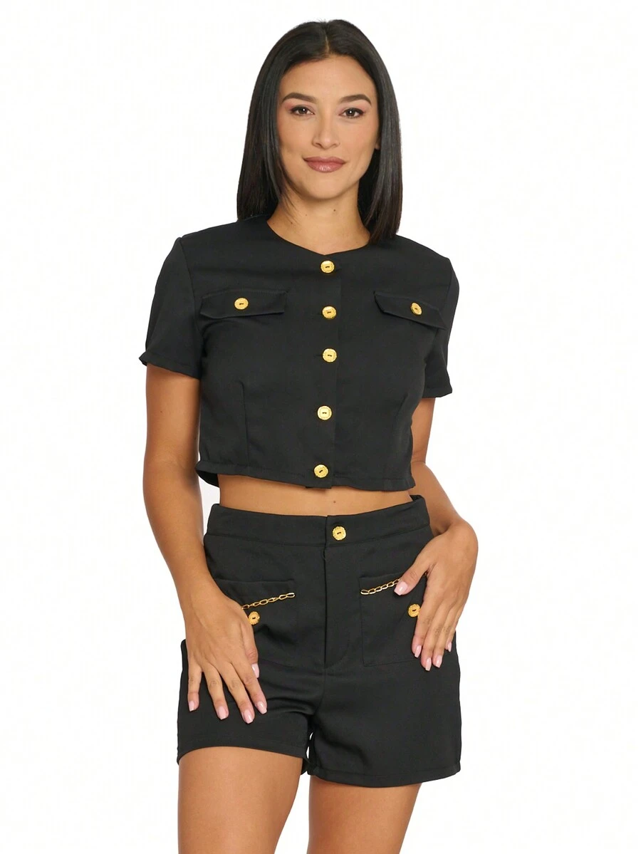 Conjunto saco y short con botones - Negro - Ver 1