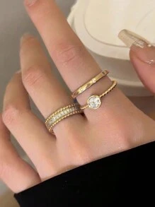 3入組極簡優雅奢華婦女約會日常度假銅製鋯石疊戴戒指,適用於節日禮物 - 金黃色 - 查看 3