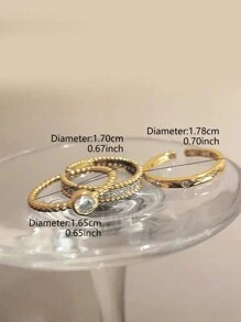 3入組極簡優雅奢華婦女約會日常度假銅製鋯石疊戴戒指,適用於節日禮物 - 金黃色 - 查看 6