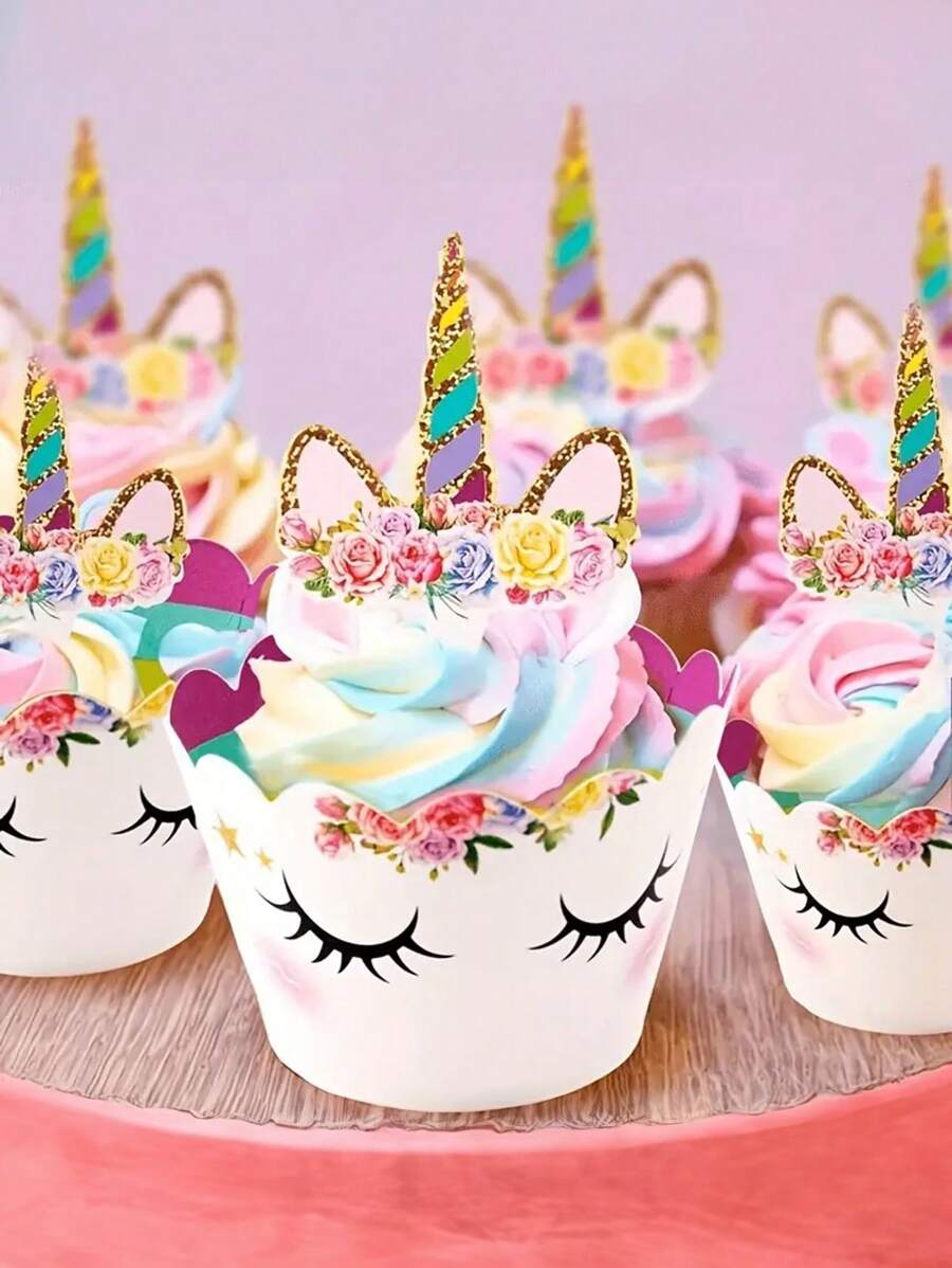 10个蕾丝独角兽纸杯蛋糕装饰插牌，独角兽彩虹纸杯蛋糕衬垫，可爱女孩生日派对装饰，2种款式随机发货，婚礼和生日用品，家居和派对装饰 - 彩色 - 查看 1