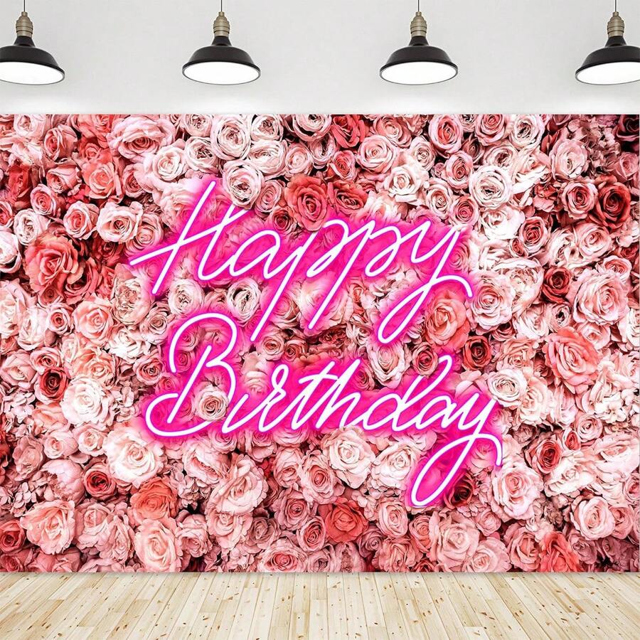Pink Rose Happy Birthday Background, Polyester Material, Neon Flower ...