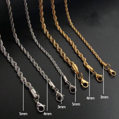 Men's Gold Plated Stainless Steel Twist Chain Necklace, 3mm Rope Chain, Long Length, Hip Hop Style Rapper Necklace