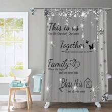 1/4 piezas Cortina de ducha con letras impresas de rhinestone brillante para baño, juego de cortinas de ducha de lujo grises con alfombras de baño, alfombras antideslizantes, tapa de inodoro, decoración del hogar, partición de bañera, accesorios de baño, decoración de otoño, de vuelta a la escuela