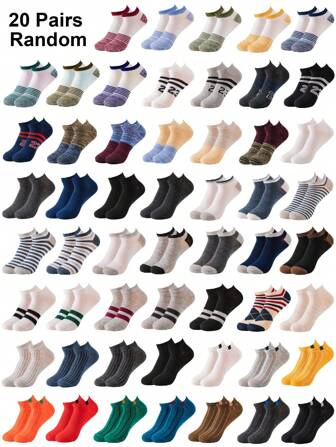20 Pairs Men's Multicolor Blind Box Socks, Breathable, Thin And Casual Random Socks, Simple Ankle Socks