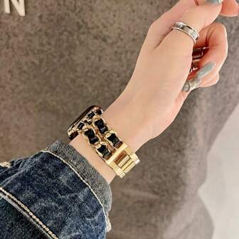 LuLuTom 1 pieza Pulsera de cuero y metal de lujo de doble cadena en negro y dorado compatible con correa de de 38/40/41/42/44/45/49mm compatible con Apple Watch Ultra/SE/8/7/6/5/4/3/2/1