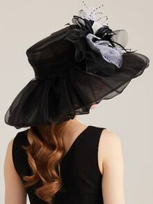 HIMESPORT 2024薄紗婚禮新娘嘉年華肯塔基德比迎賓帽，女士淑女帽配網紗花朵，聖派屈克茶會禮帽，可雙種方式佩戴的牛仔帽，女式蝴蝶結西部牛仔帽 - 純色 - 查看 3