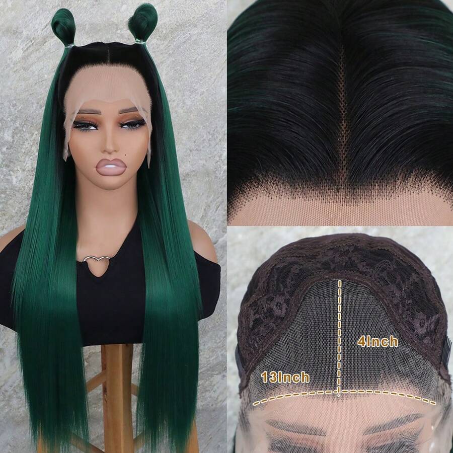 13x4 Synthetic Lace Front Wigs 26 Inches Long Silky Straight Ombre Green Color Heat Resistant Fiber Frontal Lace Replacement Wigs Dark Roots Ready To Wear Pre Plucked Baby Hair Natural Hairline Free Part Glueless Wigs For Women Girls Party Vacation Makeup Use Daily Wear - màu xanh lá - Xem 1