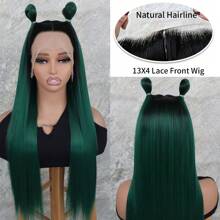 13x4 Synthetic Lace Front Wigs 26 Inches Long Silky Straight Ombre Green Color Heat Resistant Fiber Frontal Lace Replacement Wigs Dark Roots Ready To Wear Pre Plucked Baby Hair Natural Hairline Free Part Glueless Wigs For Women Girls Party Vacation Makeup Use Daily Wear - màu xanh lá - Xem 2
