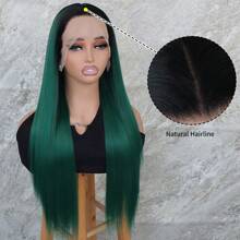 13x4 Synthetic Lace Front Wigs 26 Inches Long Silky Straight Ombre Green Color Heat Resistant Fiber Frontal Lace Replacement Wigs Dark Roots Ready To Wear Pre Plucked Baby Hair Natural Hairline Free Part Glueless Wigs For Women Girls Party Vacation Makeup Use Daily Wear - màu xanh lá - Xem 7