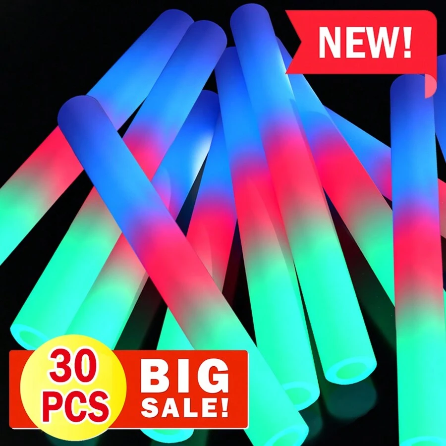 Christmas Decoration 30 PCS LED Light Up Foam Glow Sticks Bulk Colorful RGB Stick Glow In The Dark Party Supplies For Birthday Wedding Christmas Rave Party,Glow Party Supplies