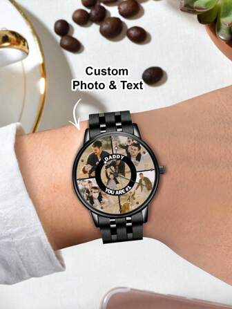 1 stuk Op maat gemaakt zwart legering horloge met gegraveerde fotowijzerplaat Maak je eigen uurwerk Gepersonaliseerde zwart legering horloge met aangepaste gegraveerde foto - Leg momenten voor altijd vast Aanpasbaar fotohorloge - Uniek cadeau voor hem op vaderdag of jubileum - Gepersonaliseerde cadeau voor papa, vriend of vaderdag, Verjaardag, jubileum - Diameter wijzerplaat: 3,8 cm / 1,5 inch. Band: 21,5 * 1,75 cm = 8,46 * 0,69 inch