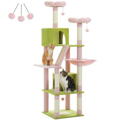 PAWZ Road Flower Cat Tree, 70.9" Tall Cat Tree For Indoor Cats, Large Cat Tree For Big Cats, Multi-Level Tall Cat Tower With 6 Scratching Posts, 2 Cat Houses, 2 Resting Areas, Large Hammock, Pompoms