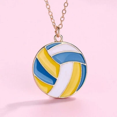 1 Pieza Collar De Aleación De Zinc De Vóley Playa Para Niñas, Diseño De Goteo De Aceite Amarillo/azul/blanco Con Un Lindo Colgante Dorado Adecuado Para Joyas De Uso Diario