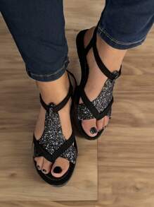 Sandalia Dama Huarache Mujer Pata de Gallo Brillos Triangulo con Tiras Negras , Talonera y Broches Tallas 22 a 26 Economica (26) - Negro - Ver 1