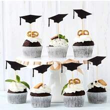 6pcs Graduation Cake Toppers, Bachelor's Cap Theme Decoration Picks For Graduation Party Supplies, Cupcake Topper - Black - View 1