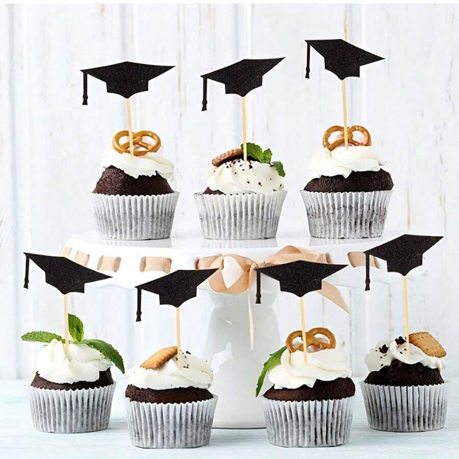 6pcs Graduation Cake Toppers, Bachelor's Cap Theme Decoration Picks For Graduation Party Supplies, Cupcake Topper - Black - View 1