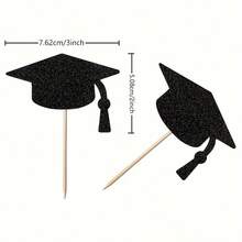 6pcs Graduation Cake Toppers, Bachelor's Cap Theme Decoration Picks For Graduation Party Supplies, Cupcake Topper - Black - View 3