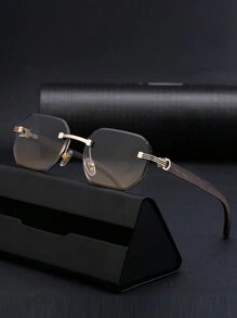 1 Pair Diamond-Edge Frameless Fashion Glasses For Men, Vintage Faux Wooden Temple Legs, Suitable For Everyday Wear, Outdoor, Driving, UV Protection