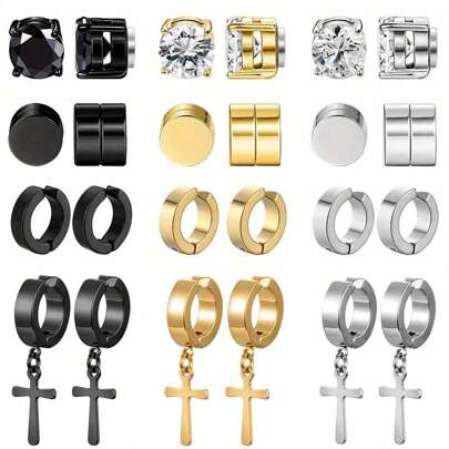 8 piezas Pendientes de clip magnético sin perforación de acero inoxidable con circonita cúbica clásica brillante para hombres y mujeres, pendientes colgantes con forma de cruz, regalos de joyería para amantes y amigos en cumpleaños y fiestas