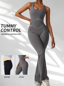 Yefecy 女士运动喇叭连体裤，健身、跑步、瑜伽，收腹，高弹力运动连体裤，性感露背紧身提臀瑜伽V背夏季款 - 淺灰色 - 查看 5