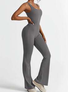 Yefecy 女士运动喇叭连体裤，健身、跑步、瑜伽，收腹，高弹力运动连体裤，性感露背紧身提臀瑜伽V背夏季款 - 淺灰色 - 查看 7