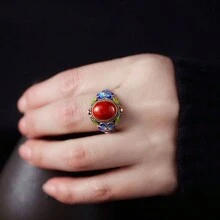 1 Miếng Retro Phong cách cung điện Chinese Xanh Sứ Mẫu Lady Nhẫn Với Đồ cổ Hiệu ứng - Bạc - Xem 1