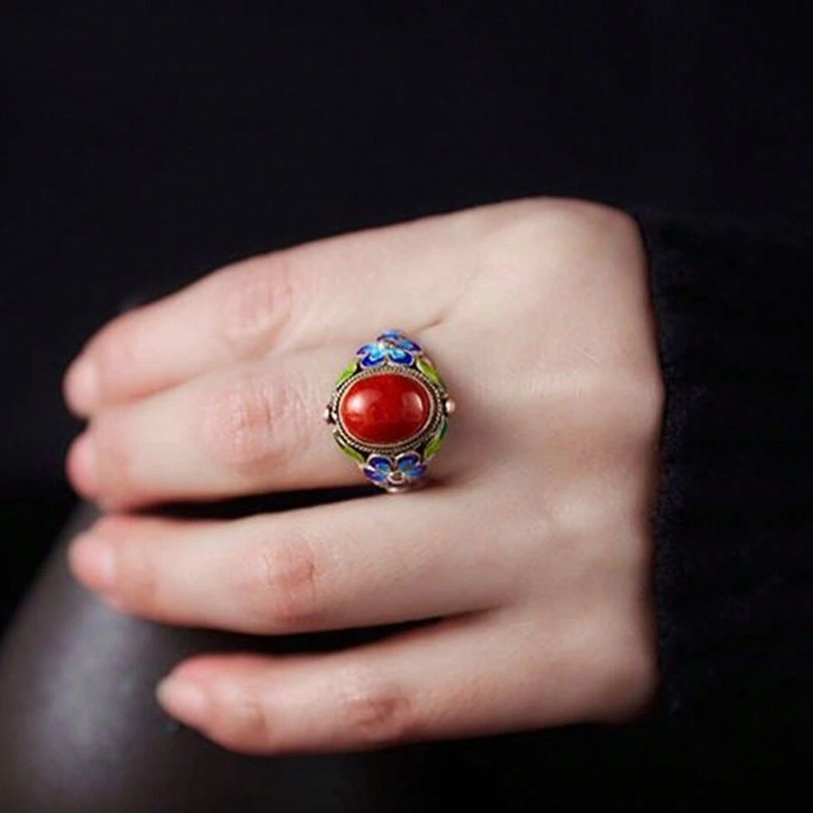 1 Miếng Retro Phong cách cung điện Chinese Xanh Sứ Mẫu Lady Nhẫn Với Đồ cổ Hiệu ứng - Bạc - Xem 1