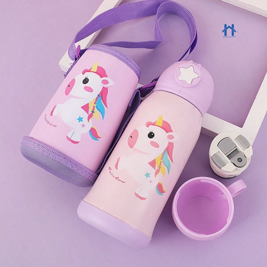 Garrafa Térmica Infantil de 500 ml Aço Inox 304 Com Alça Bolsa De Armazenamento, Canudo e Caneca