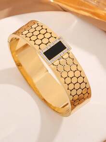 1 Pieza Estilo Coreano Minimalista Y Elegante Pulsera De Acero De Titanio Con Incrustaciones De Concha Blanca Y Diamantes De Imitación Para Mujer - Negro - Ver 2