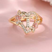 1 件时尚经典心形方晶锆石和字母细节戒指适合女性日常佩戴，时尚派对聚会配件情人节 - 玫瑰金 - 查看 5