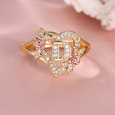 1pc Fashionable Classic Heart Shaped Cubic Zirconia & Letter Detail Ring Suitable For Women's Daily Wear, Stylish Party Gathering Accessory Valentines