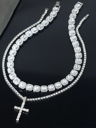 Iced Tennis Halsband Och Kors Hänge Uppsättningar Med Socker Kedja Uppsättningar För män och kvinnor För fest Och Daglig Dekoration