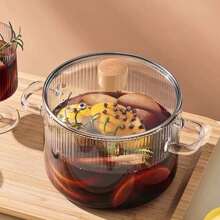 1 set Olla de cocina de vidrio con tapa, 54 oz Juego de utensilios de cocina de vidrio borosilicato resistente al calor, olla para cocinar a fuego lento con tapa para sopa, leche, comida para bebé - Olla sopera de vidrio+tapa - Ver 2