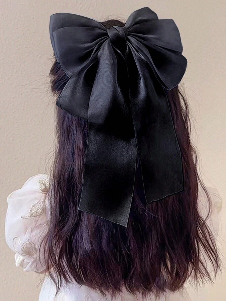 Girls' Satin Fabric Ribbon Bow Hair Clip, Shiny Satin Bow Spring Clip Suitable For Daily Life Or School, Spring/Summer New Arrival - Black - View 1