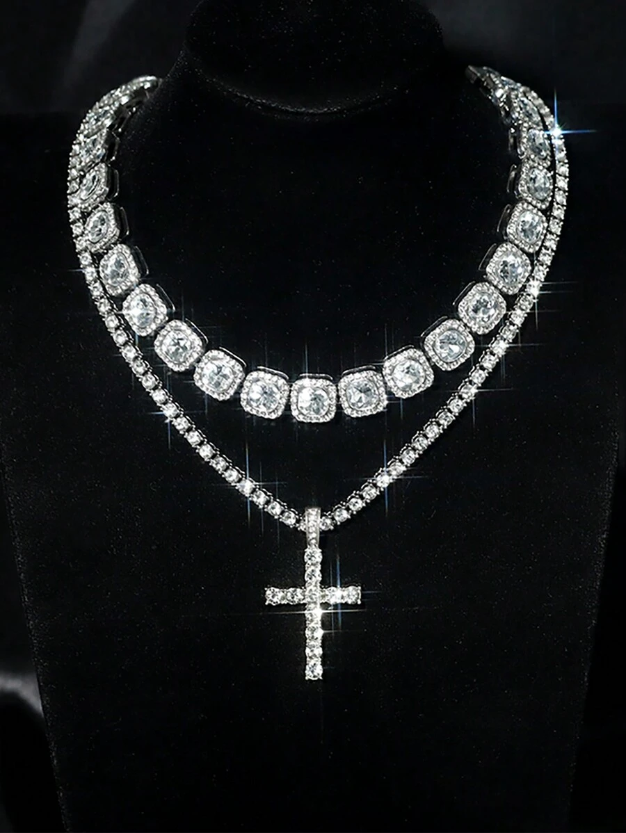 Eisbesetztes Tennis-halsketten- Und Kreuzanhängerset Mit Zucker-ketten-set Für Männer Und Frauen Zur Party Und Zur Täglichen Dekoration
