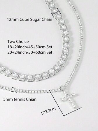 Iced Tennis Halsband Och Kors Hänge Uppsättningar Med Socker Kedja Uppsättningar För män och kvinnor För fest Och Daglig Dekoration