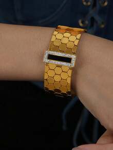 1 Pieza Estilo Coreano Minimalista Y Elegante Pulsera De Acero De Titanio Con Incrustaciones De Concha Blanca Y Diamantes De Imitación Para Mujer - Negro - Ver 4