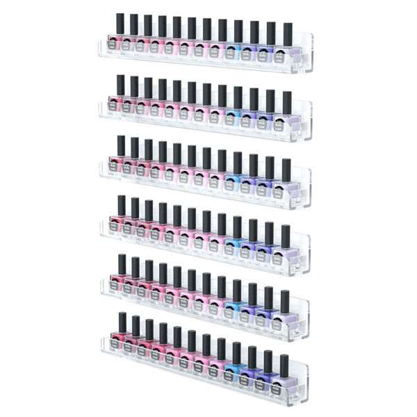 Organizador de esmalte de uñas de acrílico transparente con 6 estantes, 15 pulgadas de largo para 66-90 botellas de esmalte de uñas, estantes flotantes de acrílico multiusos