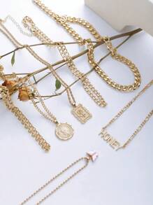 7件套金色合金粉色蝴蝶及“HONEY”字母吊坠多层项链，适合女性日常佩戴，是送给朋友的完美礼物。 - 彩色 - 查看 2