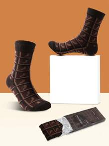 1 par de calcetines unisex hasta el tobillo con diseño de patrón de chocolate oscuro único, calcetines creativos de regalo, cómodos y transpirables, adecuados para reuniones festivas, uso casual en el hogar, cumpleaños de parejas, todo el año