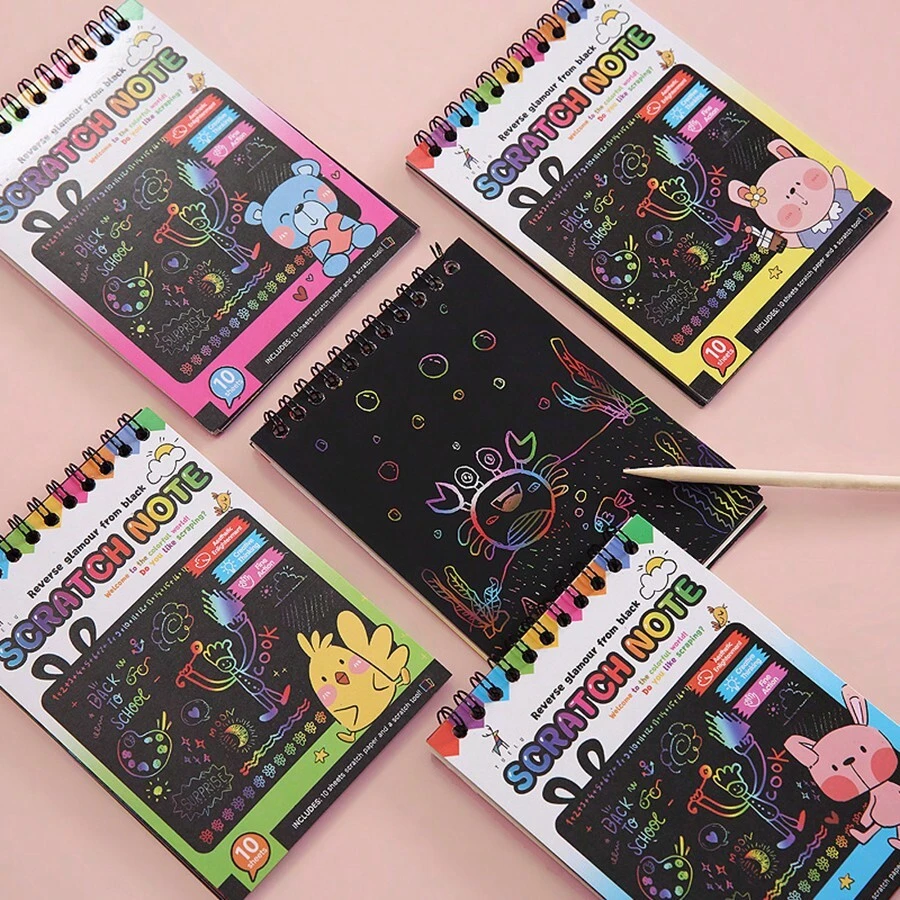 儿童彩色 DIY 刮画书、幼儿园艺术刮画纸、涂鸦和趣味学校、学生、文具、学校用品如何绘画书、儿童包装纸、教学用品