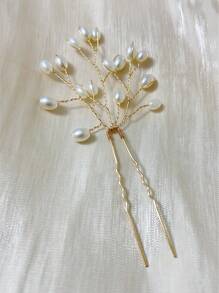 1件新娘发饰，手工仿珍珠发叉，优雅法式复古发夹，金属发簪，精美头饰，完美适用于婚礼、派对、情人节等场合。 - 金色 - 查看 5