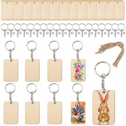60pcs Blank Wooden Keychain Rectangle Wooden Keychain Tags, Ideal For Personalizing Key Chains, Engraving DIY Tags For Key Crafts; 60 Wood Sheets + 60 Key Rings + 60  Ropes