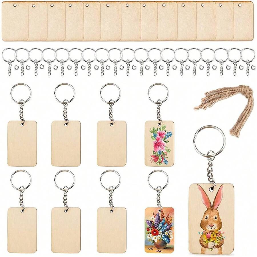 60pcs Blank Wooden Keychain Rectangle Wooden Keychain Tags, Ideal For Personalizing Key Chains, Engraving DIY Tags For Key Crafts; 60 Wood Sheets + 60 Key Rings + 60  Ropes - Brown - View 1
