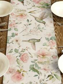1 pieza Camino de mesa con diseño de flores y colibrí, estilo campestre, forma rectangular de 33cm*183cm/13 pulgadas*72 pulgadas, camino de mesa de material similar al lino, impreso en un solo lado, decoración del hogar y decoración de cocina, sencillo y hermoso, adecuado para la decoración de la cocina del hogar y la decoración de fiestas