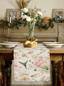 1 pieza Camino de mesa con diseño de flores y colibrí, estilo campestre, forma rectangular de 33cm*183cm/13 pulgadas*72 pulgadas, camino de mesa de material similar al lino, impreso en un solo lado, decoración del hogar y decoración de cocina, sencillo y hermoso, adecuado para la decoración de la cocina del hogar y la decoración de fiestas