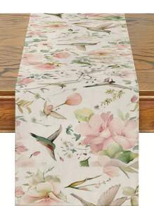 1 pieza Camino de mesa con diseño de flores y colibrí, estilo campestre, forma rectangular de 33cm*183cm/13 pulgadas*72 pulgadas, camino de mesa de material similar al lino, impreso en un solo lado, decoración del hogar y decoración de cocina, sencillo y hermoso, adecuado para la decoración de la cocina del hogar y la decoración de fiestas