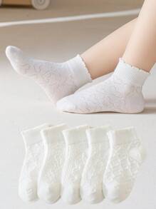 5 Pairs Girls Thin Mid-Calf Socks, Princess Style, Breathable , For Toddler & Kids (1-2Y), (2-3Y), (3-8Y), (8-12Y), Spring/Summer