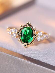 Vanel 1pc Luxurious Vintage-Style Oval Edge Cz Stone Decorated Ring Suitable For Women's Parties And Banquets