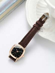 Women's Leather Strap Square Dial Quartz Watch With Simple Scale Design + Bracelet (2pcs/Set) As A Gift For Students Returning To School